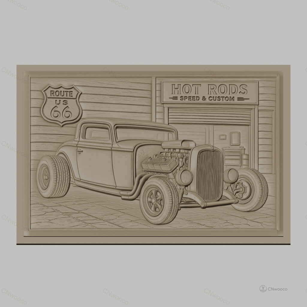 Fichier CNC & impression 3D voiture hot rod vintage, garage custom et panneau route 66, haute qualité relief STL