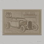 Fichier CNC & impression 3D voiture hot rod vintage, garage custom et panneau route 66, haute qualité relief STL