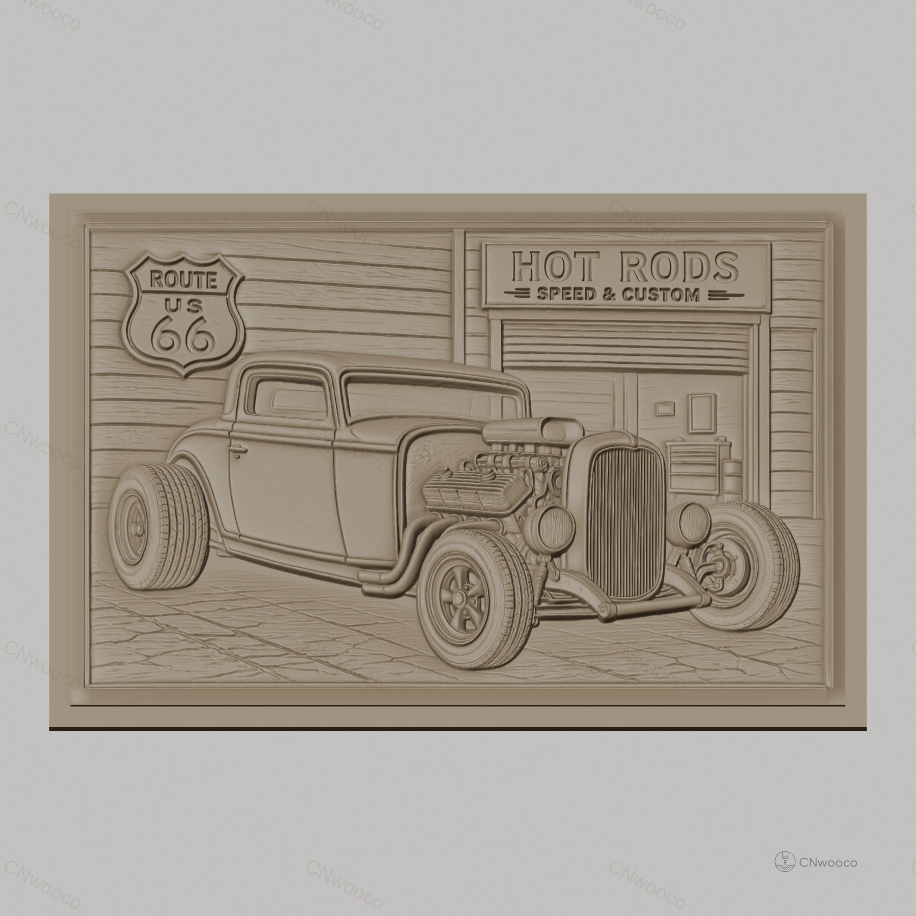 Fichier CNC & impression 3D voiture hot rod vintage, garage custom et panneau route 66, haute qualité relief STL