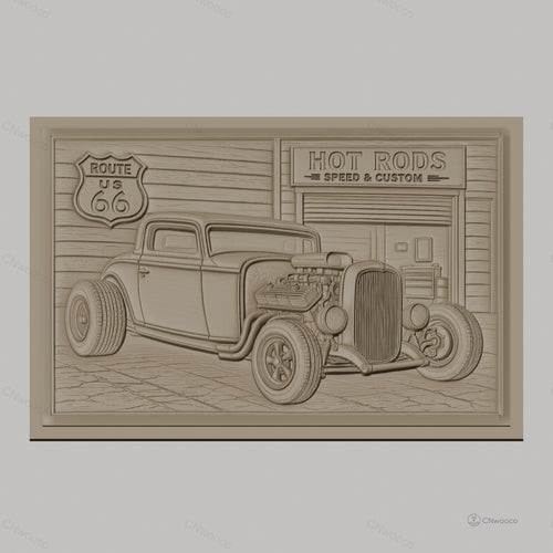 Fichier CNC & impression 3D voiture hot rod vintage, garage custom et panneau route 66, haute qualité relief STL