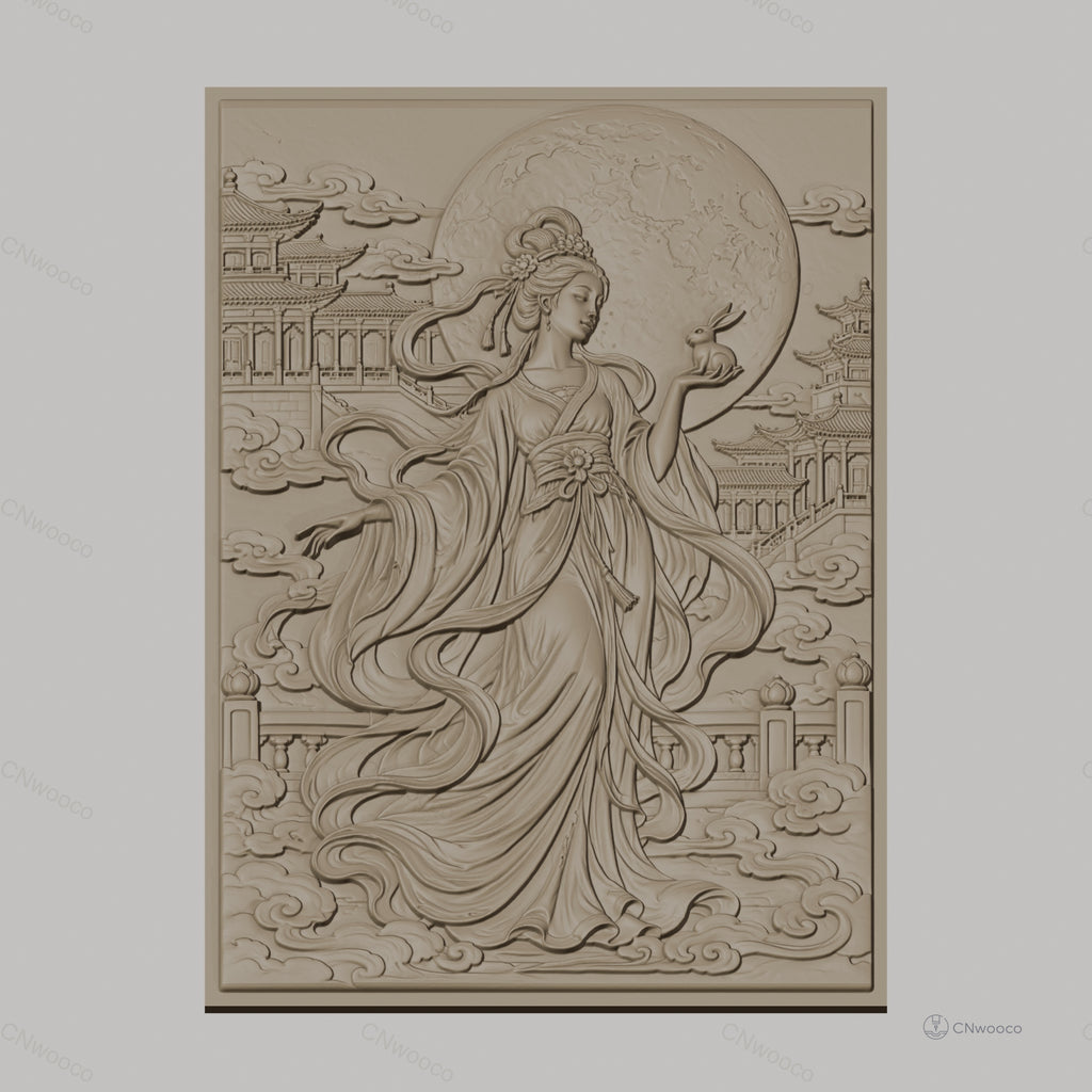 Fichier CNC & impression 3D déesse chinoise, lune et lapin, temples et nuages, haute qualité relief STL