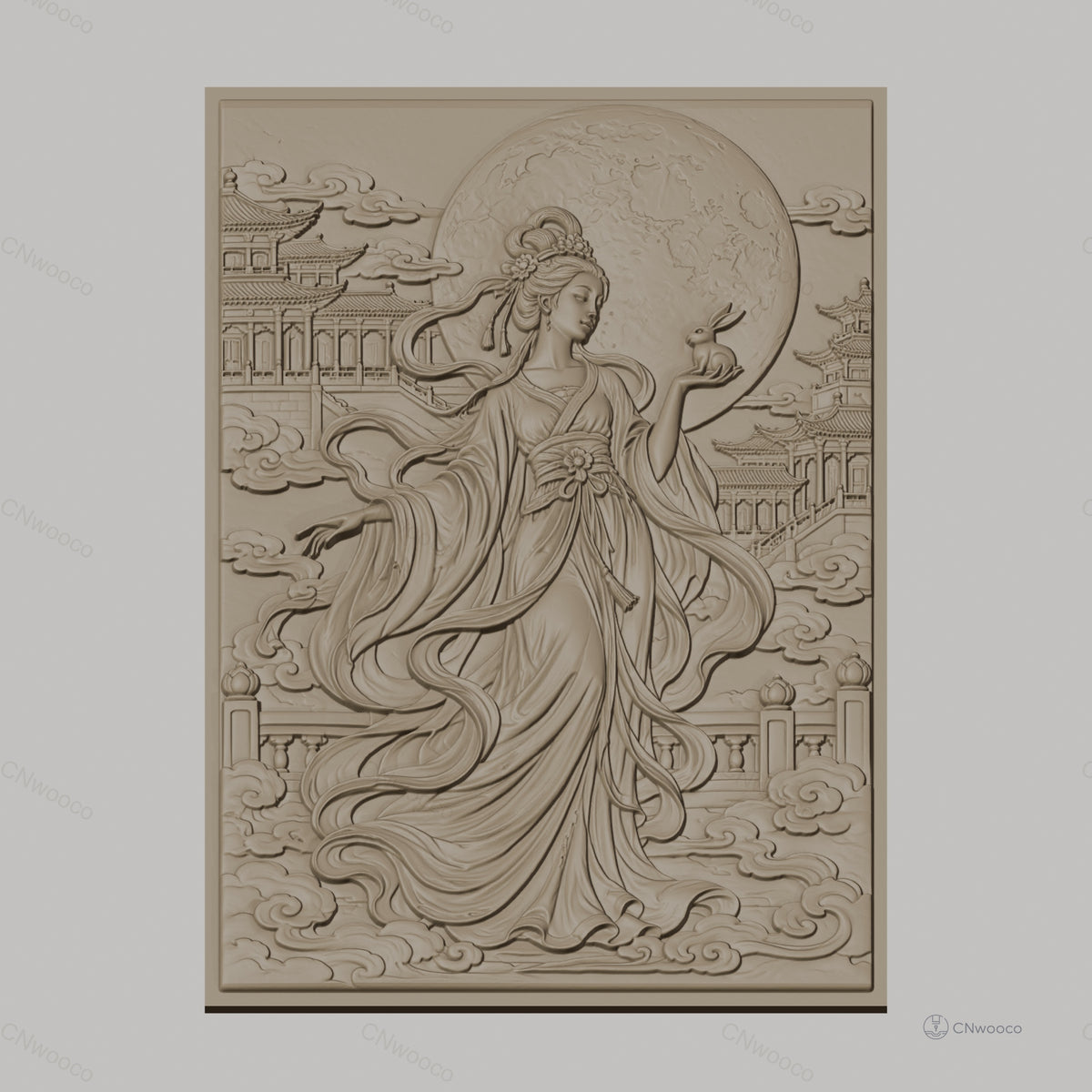 Fichier CNC & impression 3D déesse chinoise, lune et lapin, temples et nuages, haute qualité relief STL