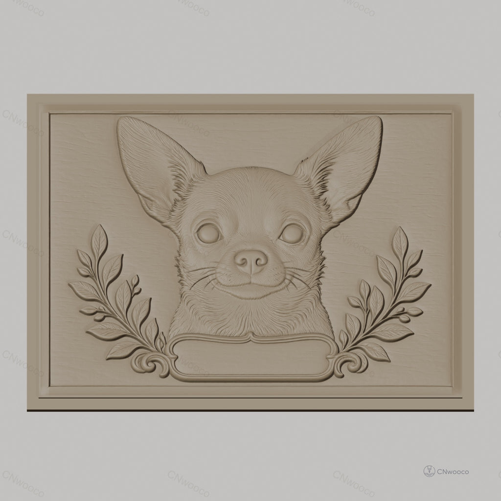 Fichier CNC & impression 3D chihuahua, relief portrait chien et décor feuillage, haute qualité relief STL