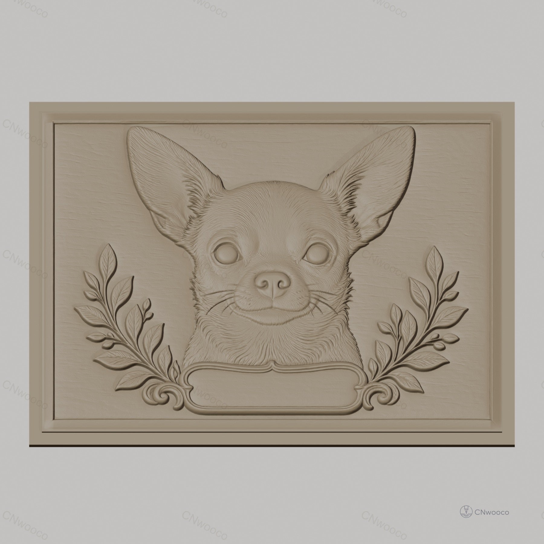 Fichier CNC & impression 3D chihuahua, relief portrait chien et décor feuillage, haute qualité relief STL