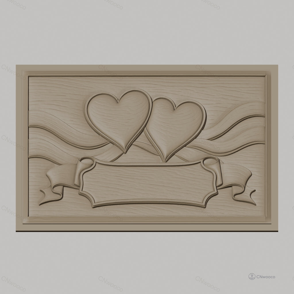 Fichier CNC & impression 3D décor romantique, deux cœurs et bannière, haute qualité relief STL