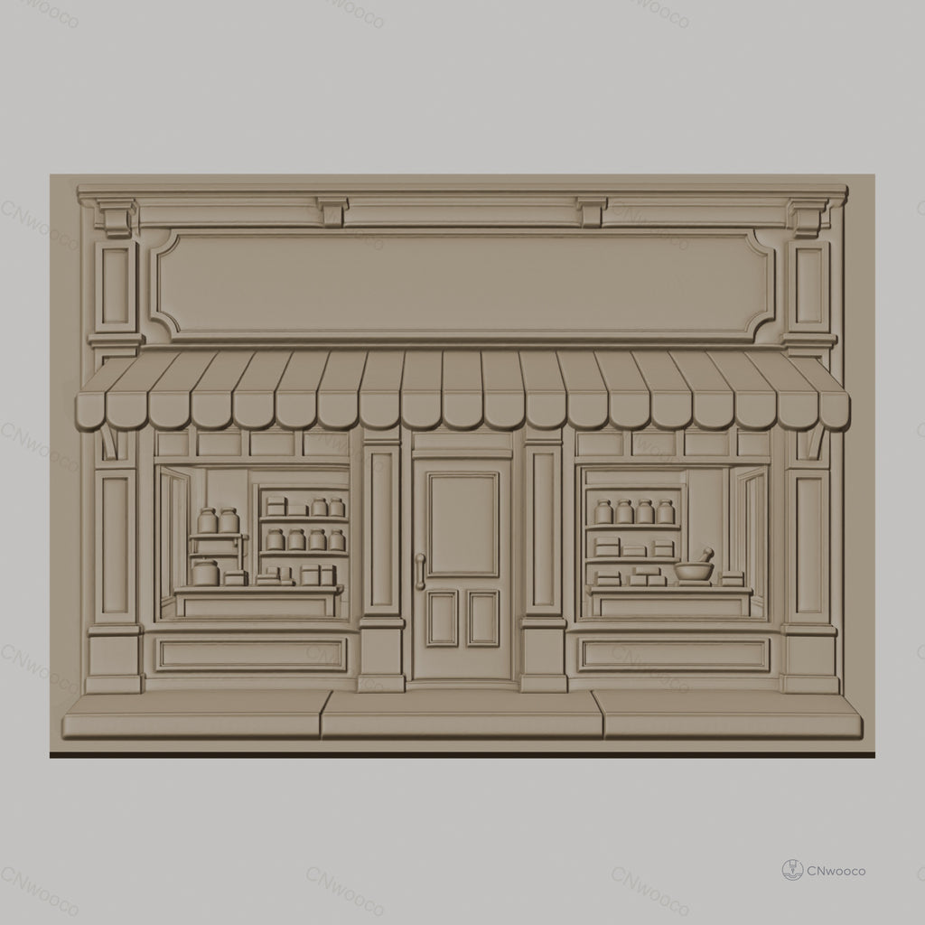 Fichier CNC & impression 3D facade boutique vintage, vitrine étagères pots, haute qualité relief STL