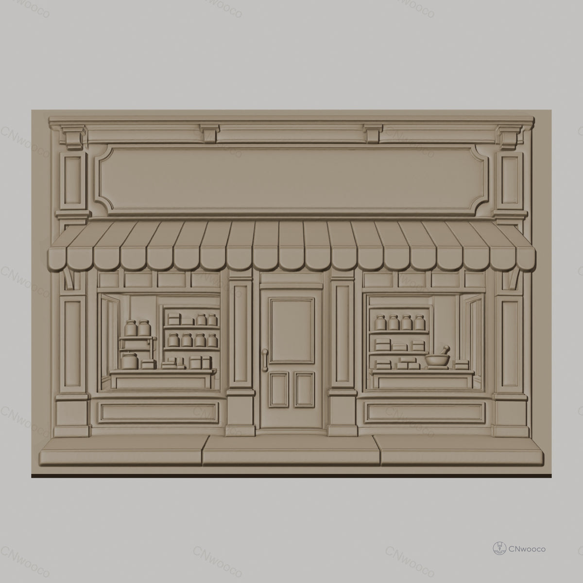 Fichier CNC & impression 3D facade boutique vintage, vitrine étagères pots, haute qualité relief STL