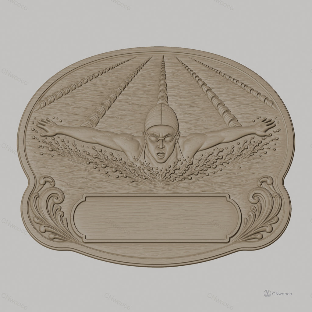 Fichier CNC & impression 3D plaque de récompense natation, nageur papillon éclaboussant, STL très haute qualité