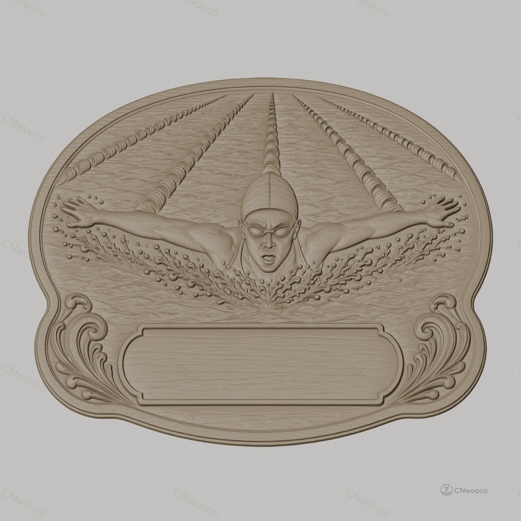 Fichier CNC & impression 3D plaque de récompense natation, nageur papillon éclaboussant, STL très haute qualité