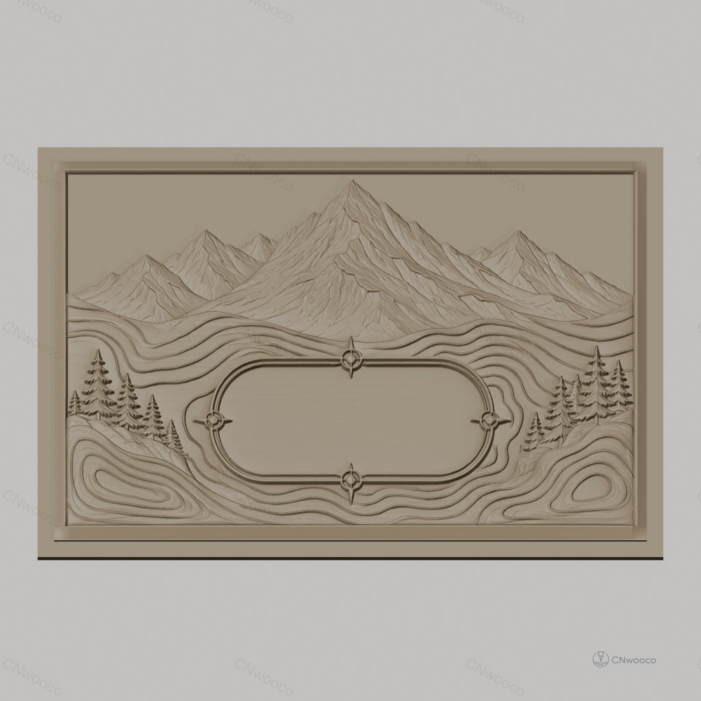 Fichier CNC & impression 3D paysage montagneux avec pins et espace texte, haute qualité relief STL