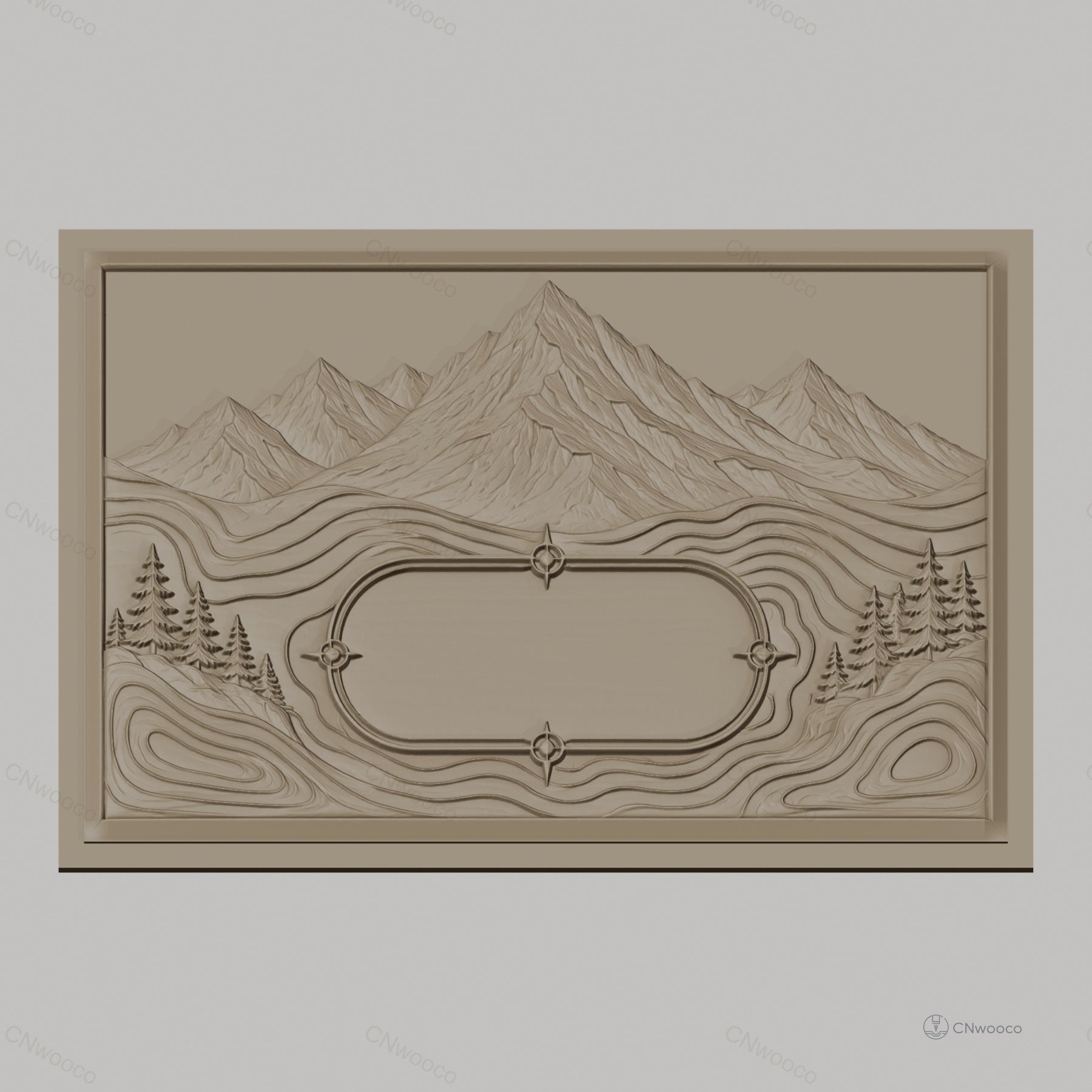 Fichier CNC & impression 3D paysage montagneux avec pins et espace texte, haute qualité relief STL