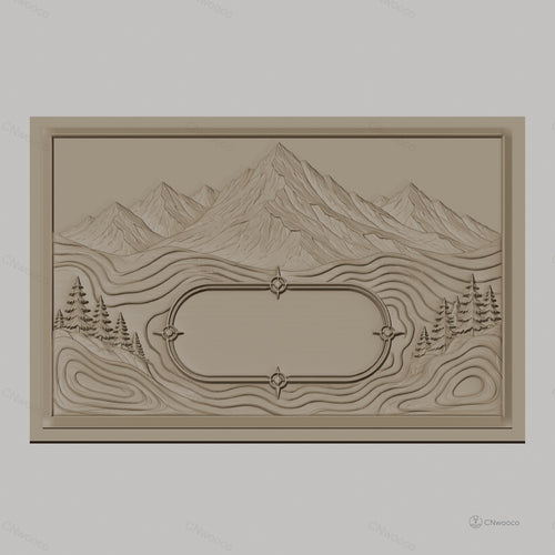 Fichier CNC & impression 3D paysage montagneux avec pins et espace texte, haute qualité relief STL