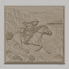 Fichier CNC & impression 3D cavalier western à cheval, paysage canyon et maison, haute qualité relief STL