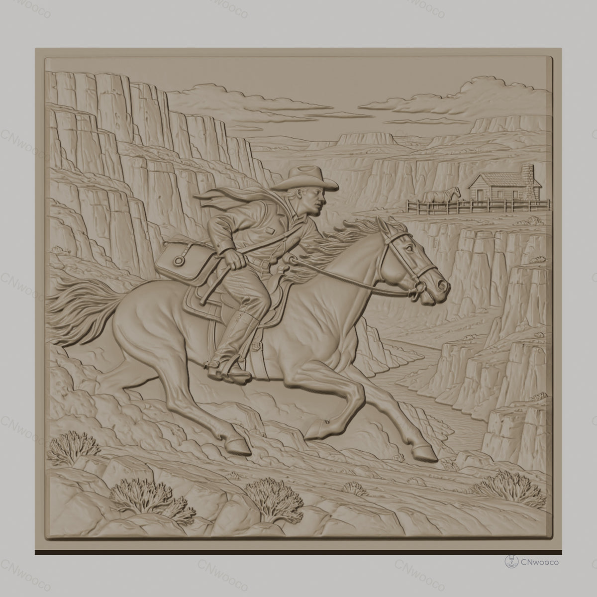 Fichier CNC & impression 3D cavalier western à cheval, paysage canyon et maison, haute qualité relief STL