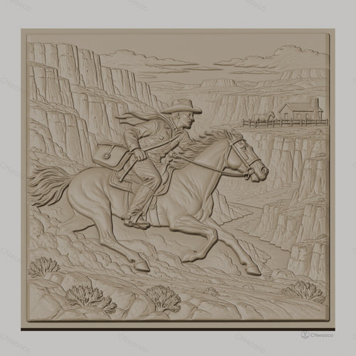 Fichier CNC & impression 3D cavalier western à cheval, paysage canyon et maison, haute qualité relief STL