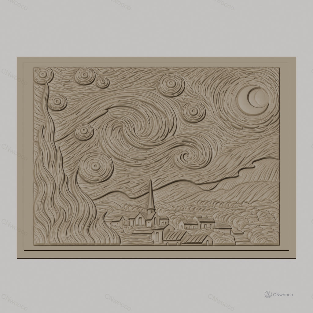 Fichier CNC & impression 3D La Nuit étoilée, village, ciel tourbillonnant haute qualité relief STL