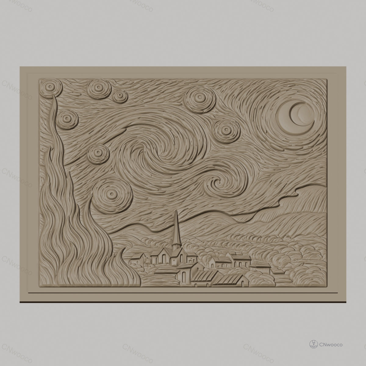 Fichier CNC & impression 3D La Nuit étoilée, village, ciel tourbillonnant haute qualité relief STL