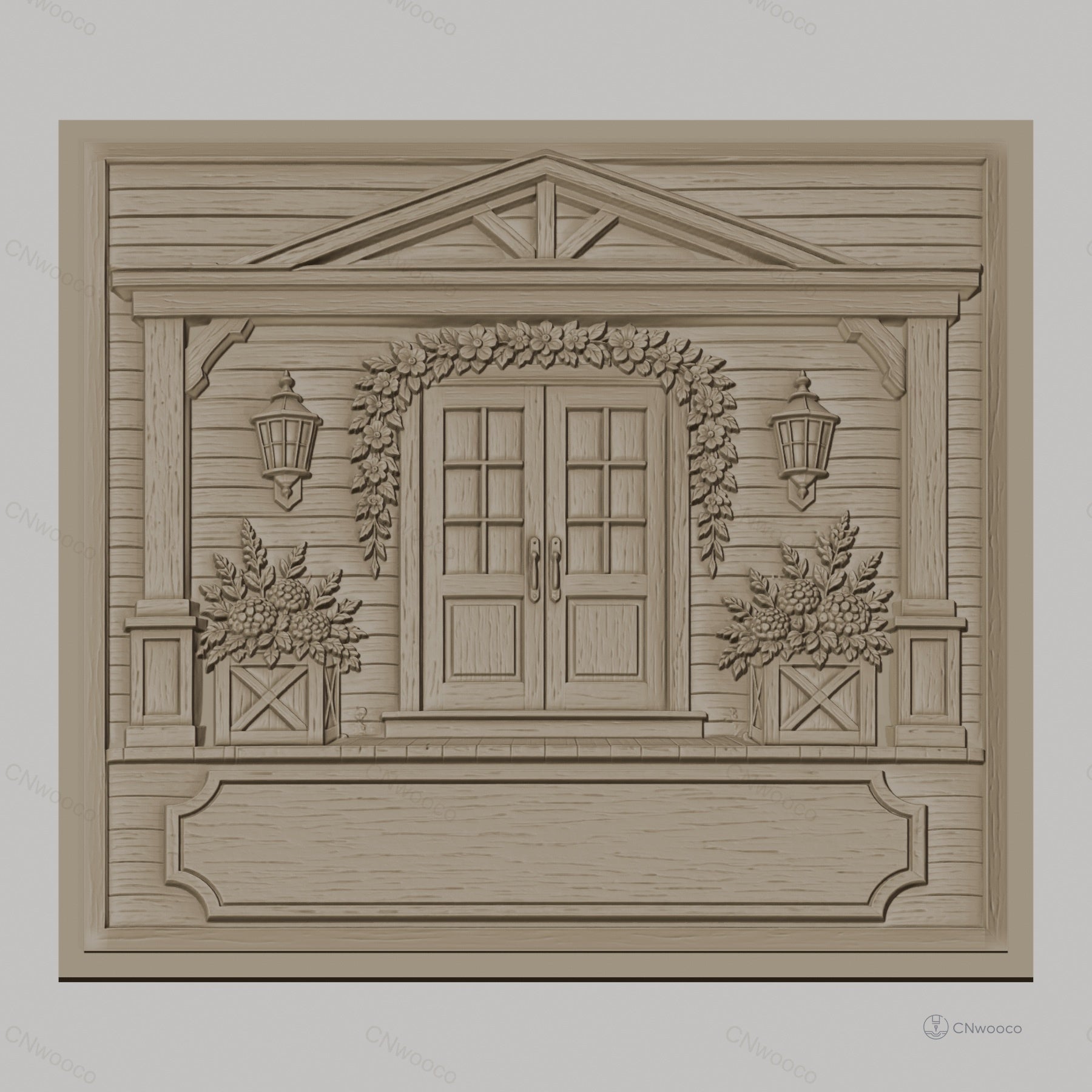 Fichier CNC & impression 3D maison, porte double avec fleurs et lanternes, haute qualité relief STL