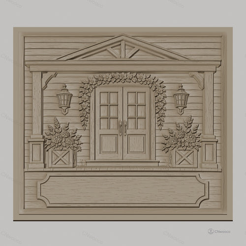 Fichier CNC & impression 3D maison, porte double avec fleurs et lanternes, haute qualité relief STL