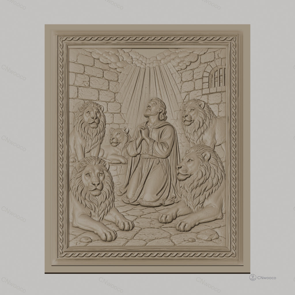 Fichier CNC & impression 3D Daniel avec lions, scène biblique en prison, haute qualité relief STL