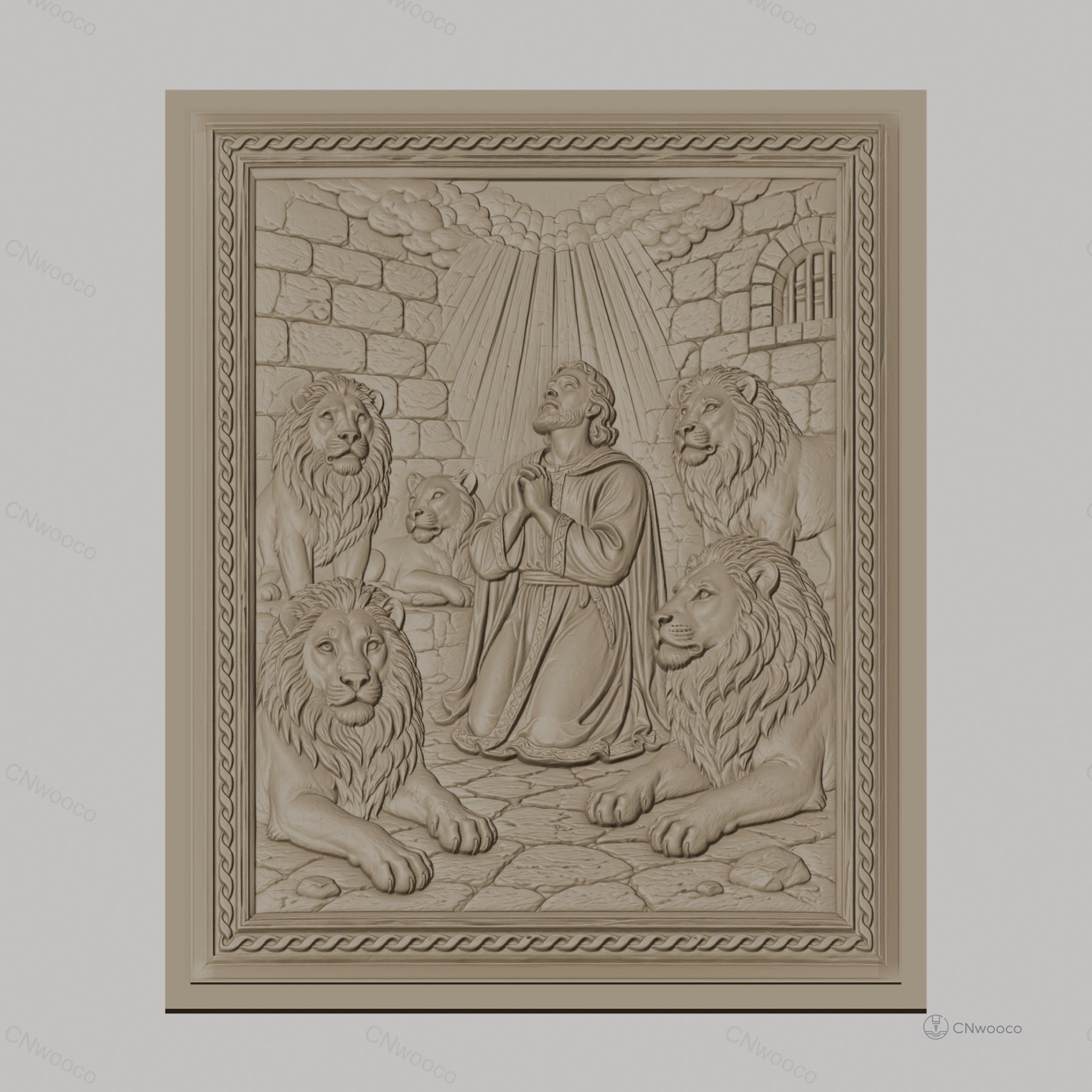 Fichier CNC & impression 3D Daniel avec lions, scène biblique en prison, haute qualité relief STL