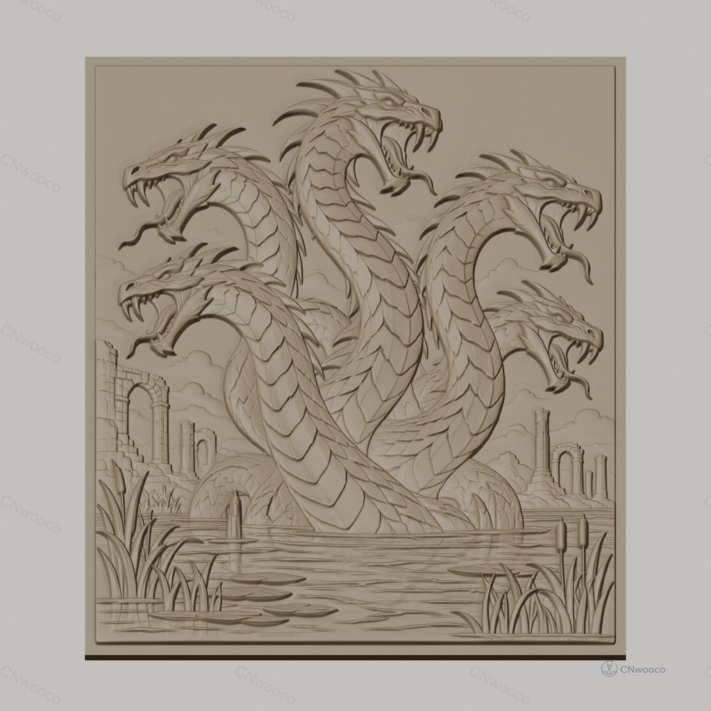 Fichier CNC & impression 3D hydre à six têtes, ruines antiques et étang, haute qualité relief STL