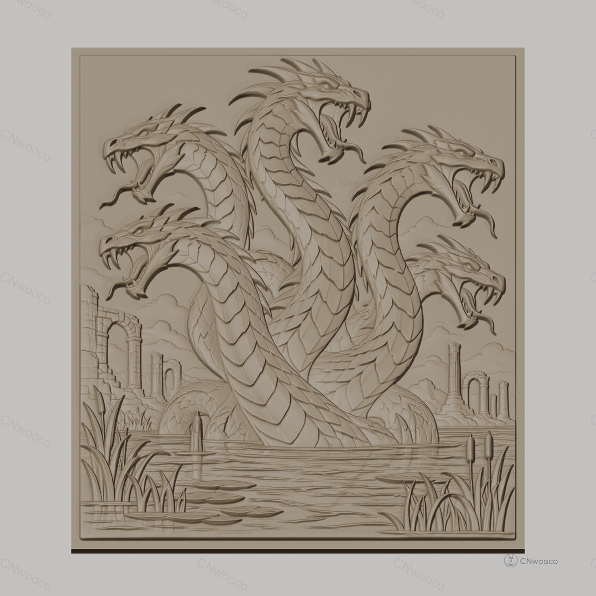 Fichier CNC & impression 3D hydre à six têtes, ruines antiques et étang, haute qualité relief STL