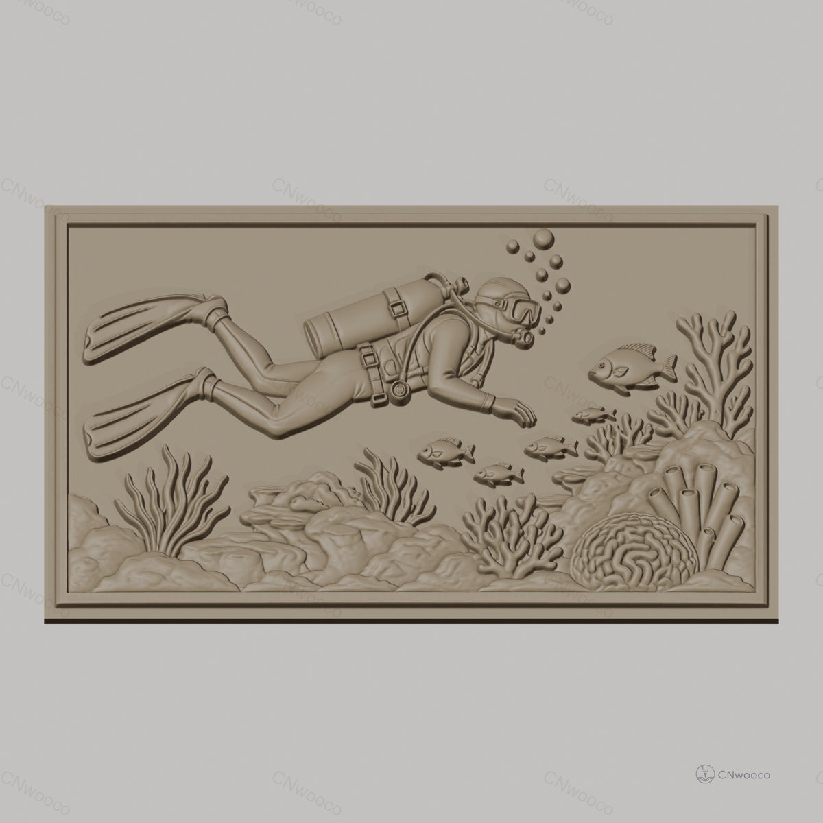 Fichier CNC & impression 3D plongeur sous-marin, poissons et coraux, haute qualité relief STL