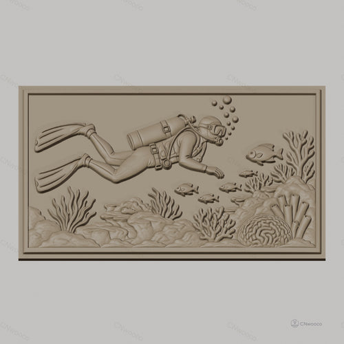 Fichier CNC & impression 3D plongeur sous-marin, poissons et coraux, haute qualité relief STL