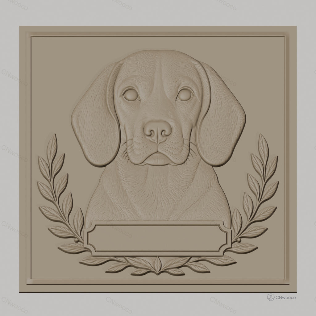 Fichier CNC & impression 3D chien Labrador avec cadre floral et plaque personnalisable, haute qualité relief STL
