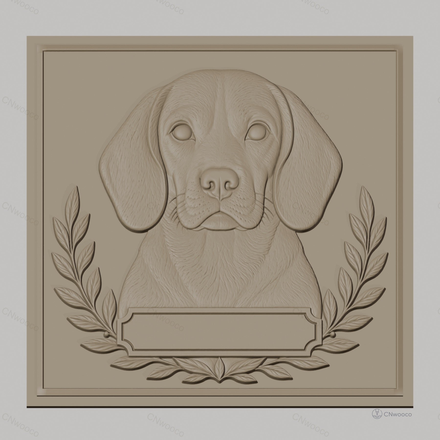 Fichier CNC & impression 3D chien Labrador avec cadre floral et plaque personnalisable, haute qualité relief STL