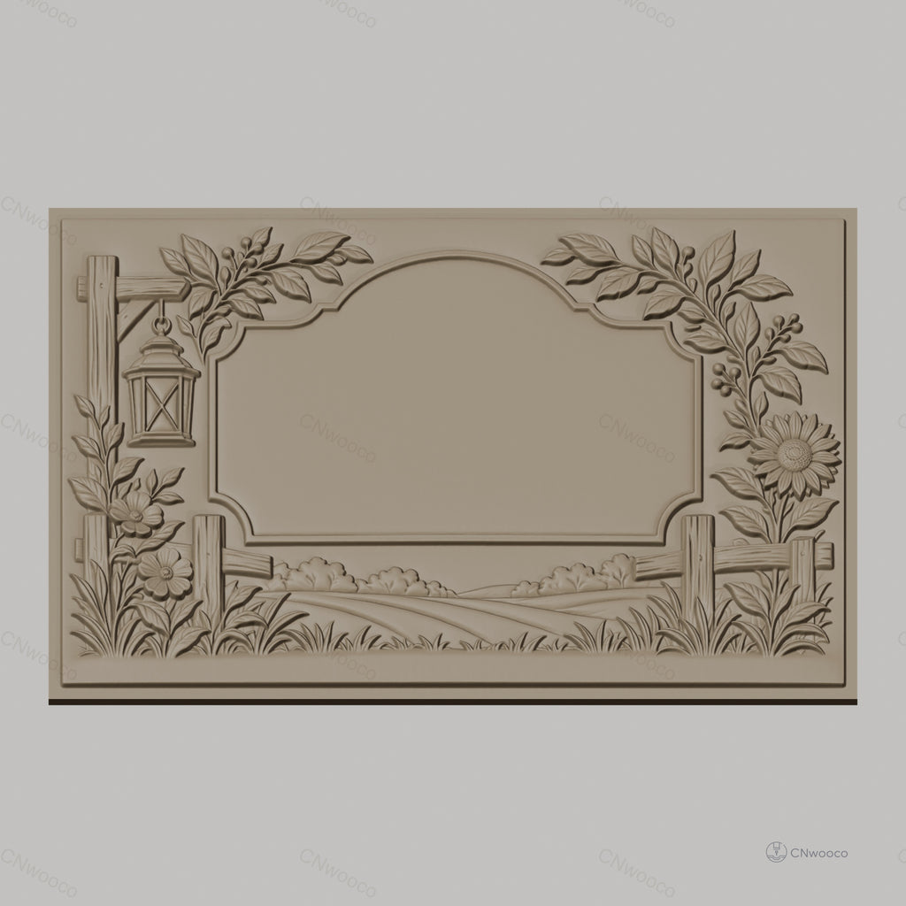 Fichier CNC & impression 3D cadre campagnard avec fleurs, lanterne et paysage, haute qualité relief STL