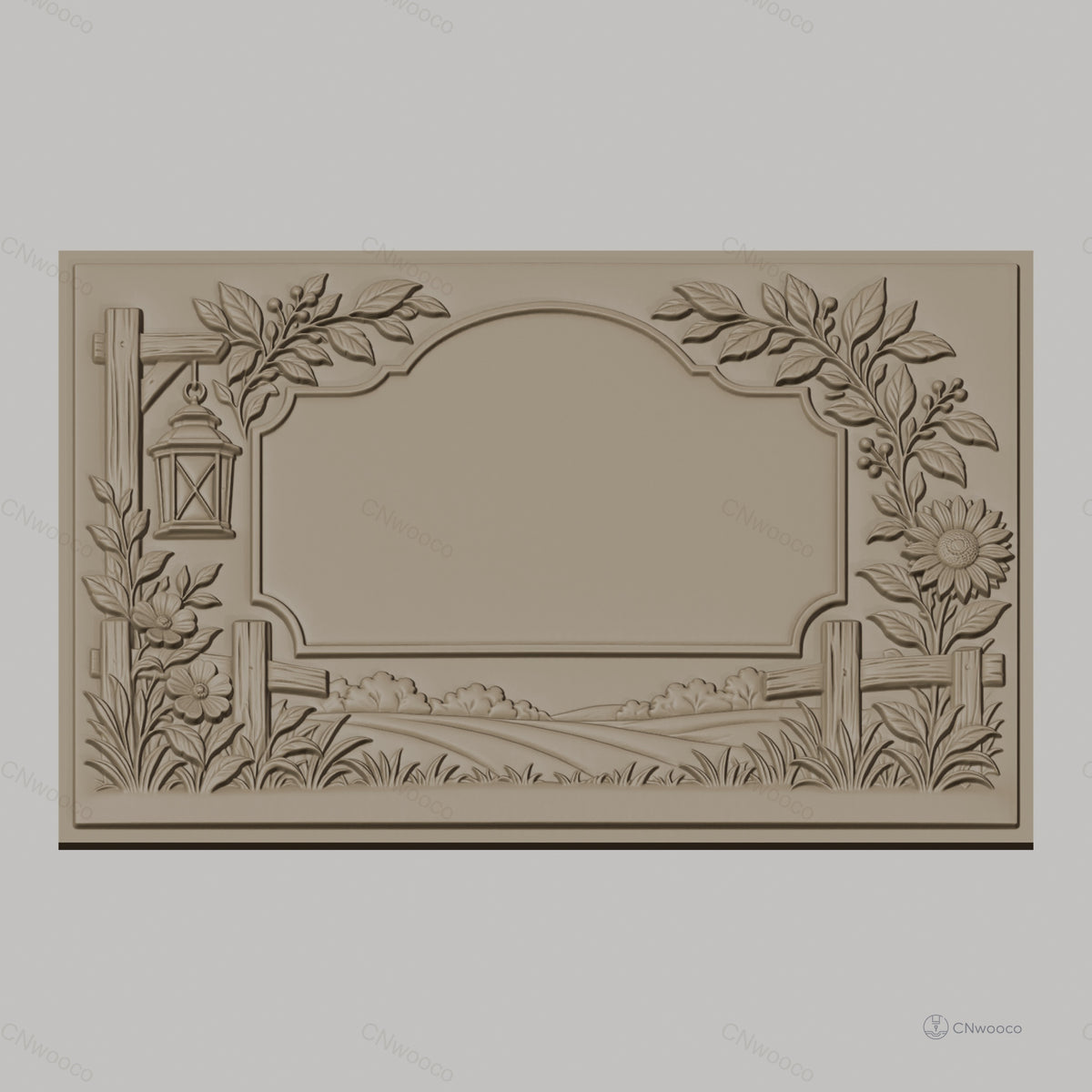 Fichier CNC & impression 3D cadre campagnard avec fleurs, lanterne et paysage, haute qualité relief STL