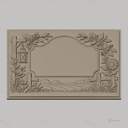 Fichier CNC & impression 3D cadre campagnard avec fleurs, lanterne et paysage, haute qualité relief STL