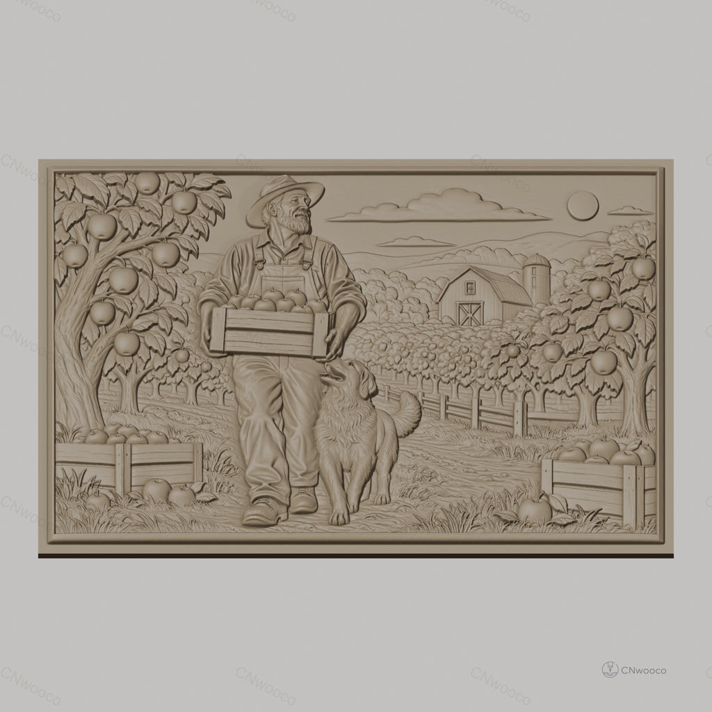 Fichier CNC & impression 3D fermier avec caisse de pommes et chien, paysage rural, haute qualité relief STL