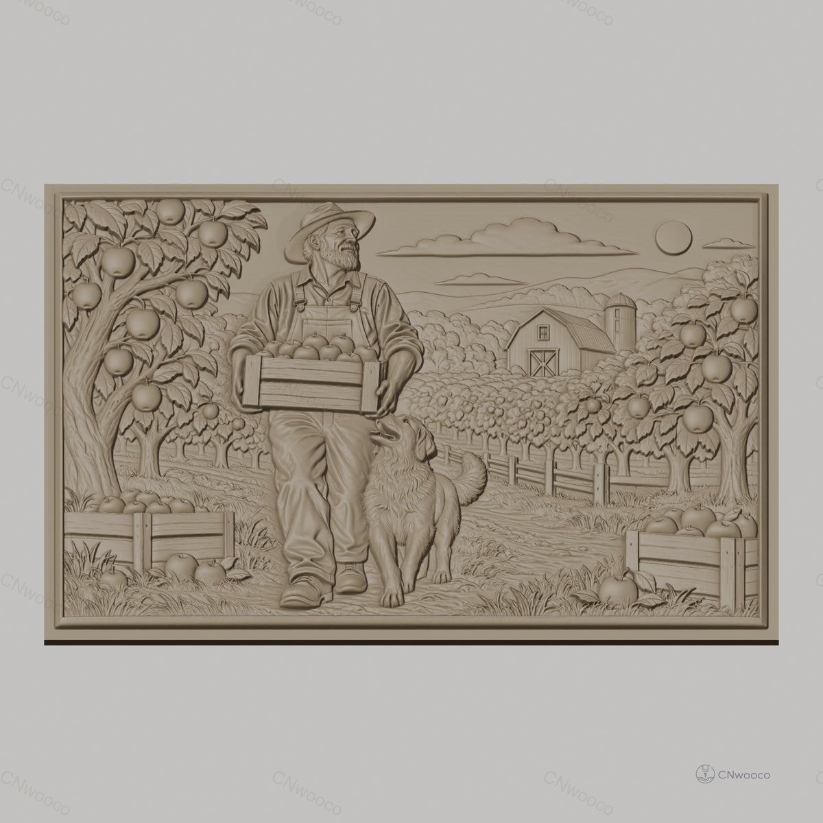 Fichier CNC & impression 3D fermier avec caisse de pommes et chien, paysage rural, haute qualité relief STL