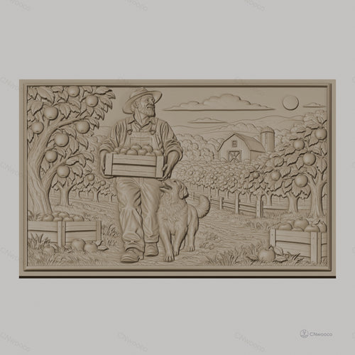 Fichier CNC & impression 3D fermier avec caisse de pommes et chien, paysage rural, haute qualité relief STL