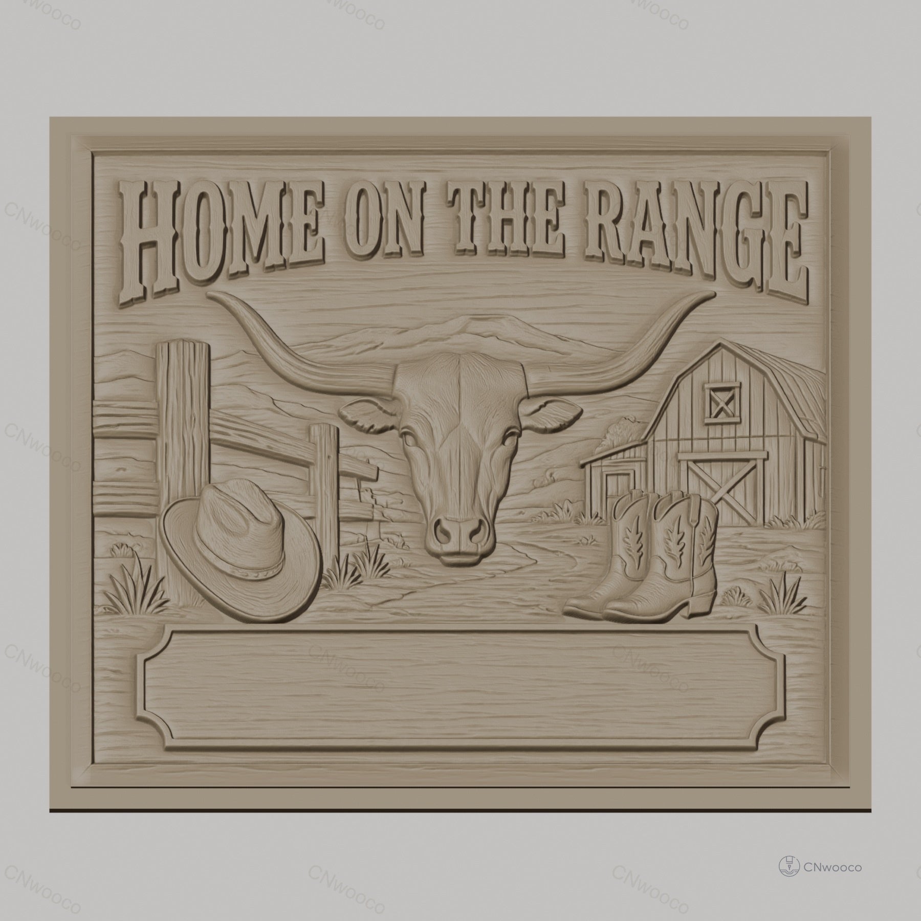 Fichier CNC & impression 3D thème western, tête de taureau, chapeau cowboy, bottes, grange, haute qualité relief STL