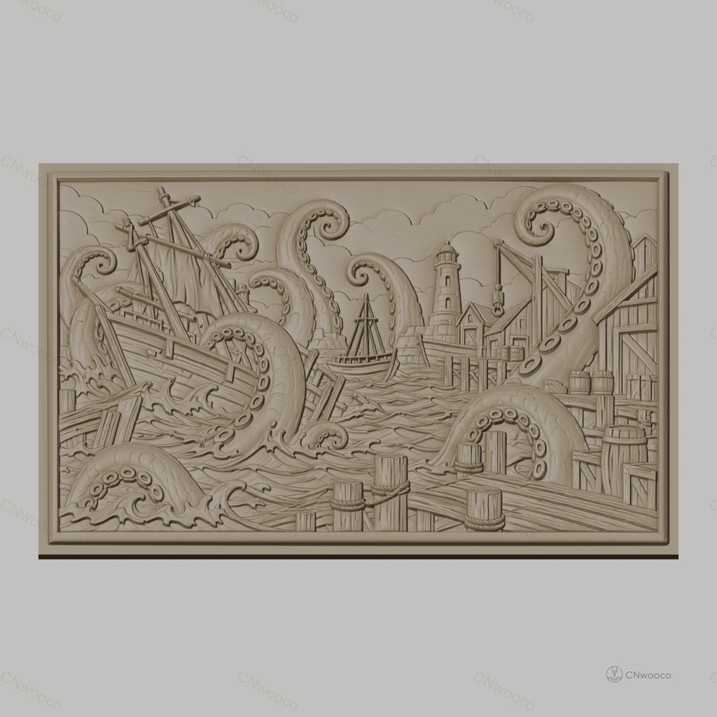 Fichier CNC & impression 3D monstre marin, bateau attaqué par poulpes géants et phare, haute qualité relief STL