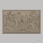 Fichier CNC & impression 3D monstre marin, bateau attaqué par poulpes géants et phare, haute qualité relief STL