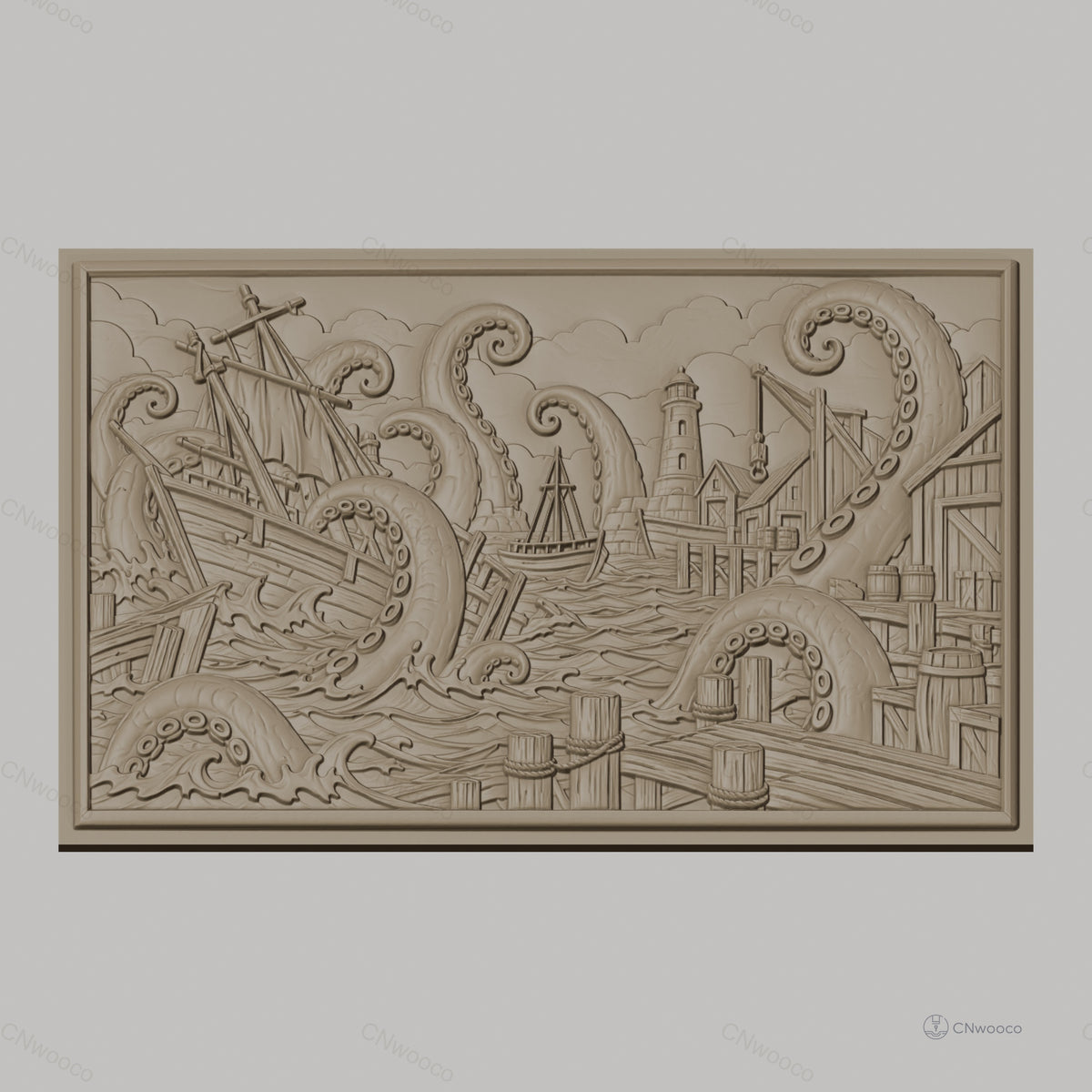 Fichier CNC & impression 3D monstre marin, bateau attaqué par poulpes géants et phare, haute qualité relief STL
