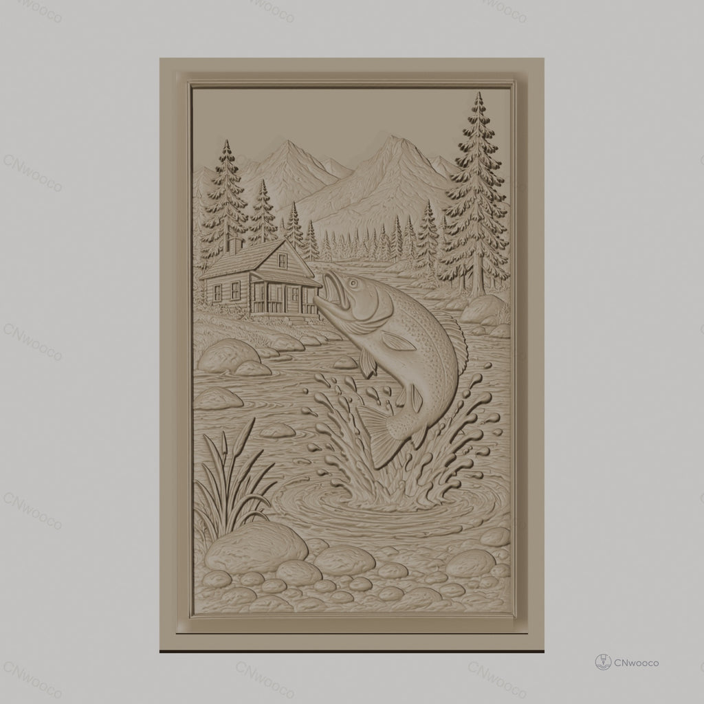 Fichier CNC & impression 3D pêche à la truite, rivière, chalet, montagne, arbres, haute qualité relief STL