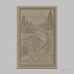 Fichier CNC & impression 3D pêche à la truite, rivière, chalet, montagne, arbres, haute qualité relief STL