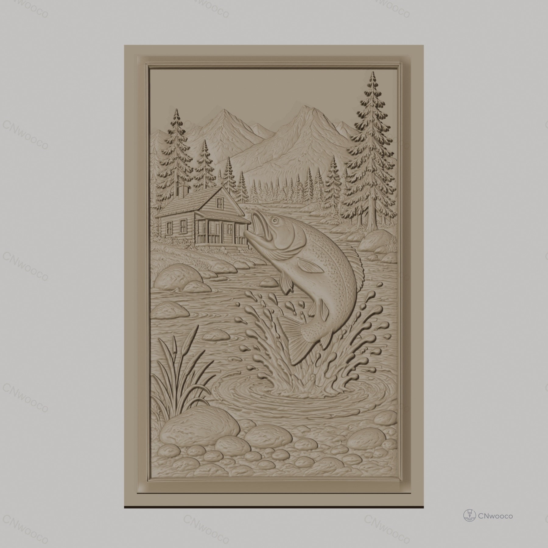 Fichier CNC & impression 3D pêche à la truite, rivière, chalet, montagne, arbres, haute qualité relief STL