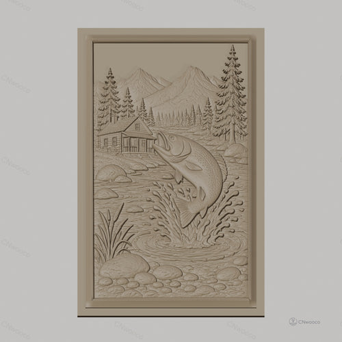 Fichier CNC & impression 3D pêche à la truite, rivière, chalet, montagne, arbres, haute qualité relief STL