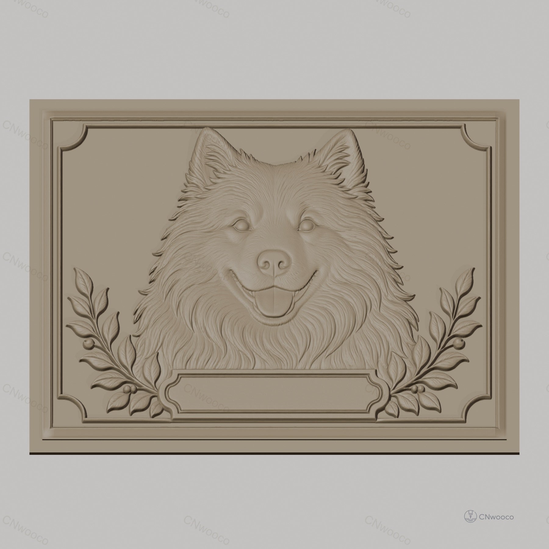 Fichier CNC & impression 3D tête de chien heureux avec feuilles et cadre décoratif, haute qualité relief STL