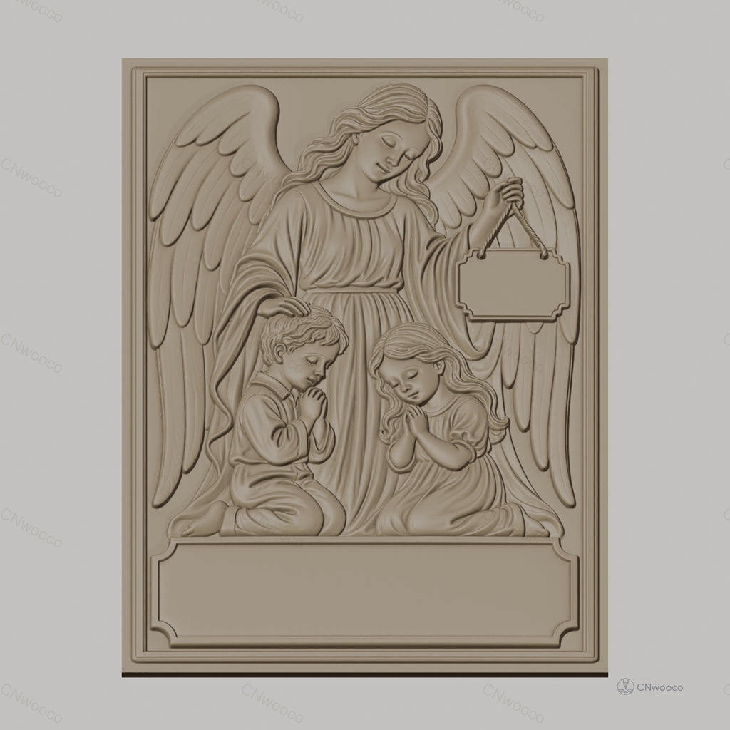 Fichier CNC & impression 3D ange gardien avec enfants priant, plaque vide, haute qualité relief STL