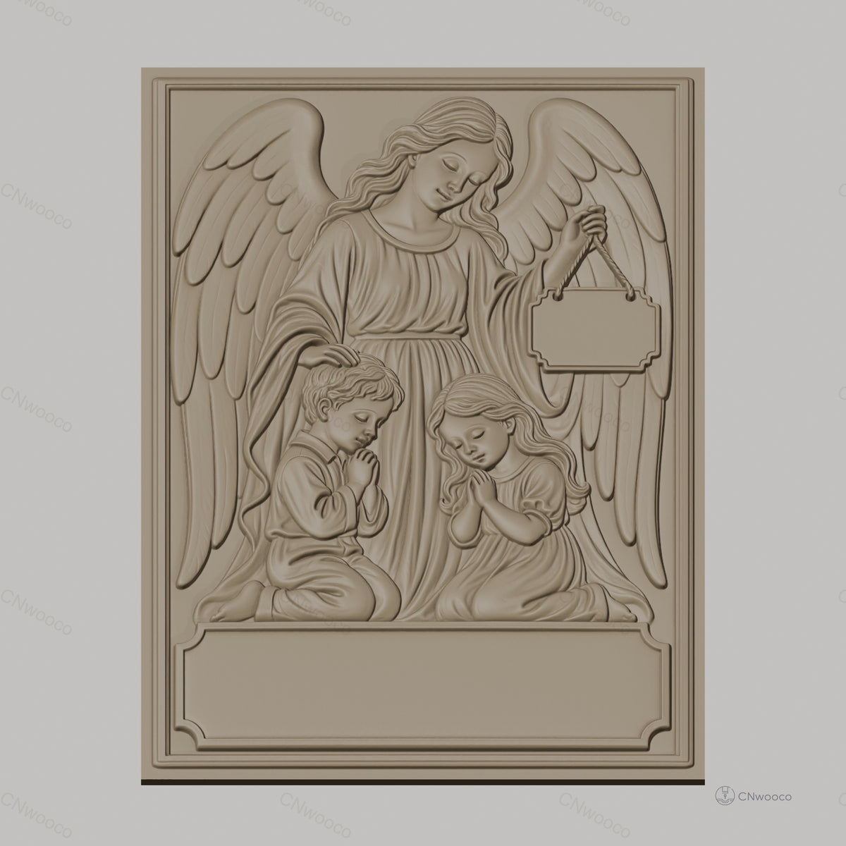 Fichier CNC & impression 3D ange gardien avec enfants priant, plaque vide, haute qualité relief STL