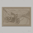 Fichier CNC & impression 3D moto vintage sur route de montagne, paysage naturel et pins, haute qualité relief STL