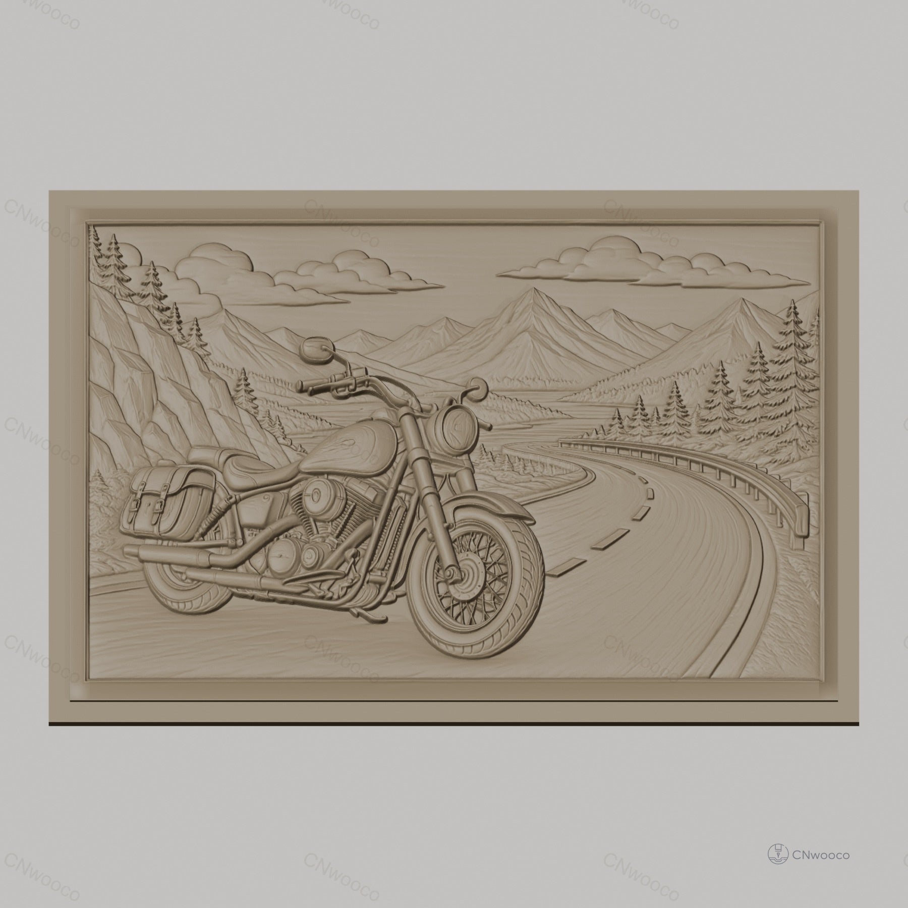 Fichier CNC & impression 3D moto vintage sur route de montagne, paysage naturel et pins, haute qualité relief STL
